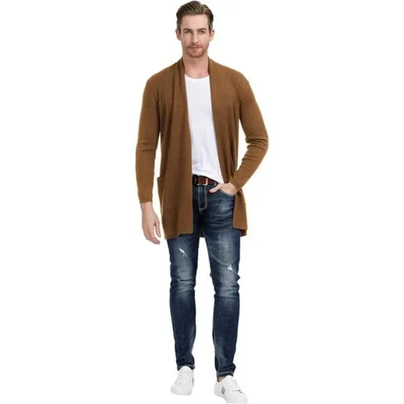 Men's Shawl Collar Open Front Long Cardigan Ribbed Knit Sweater with Pockets - Picture 4 of 6